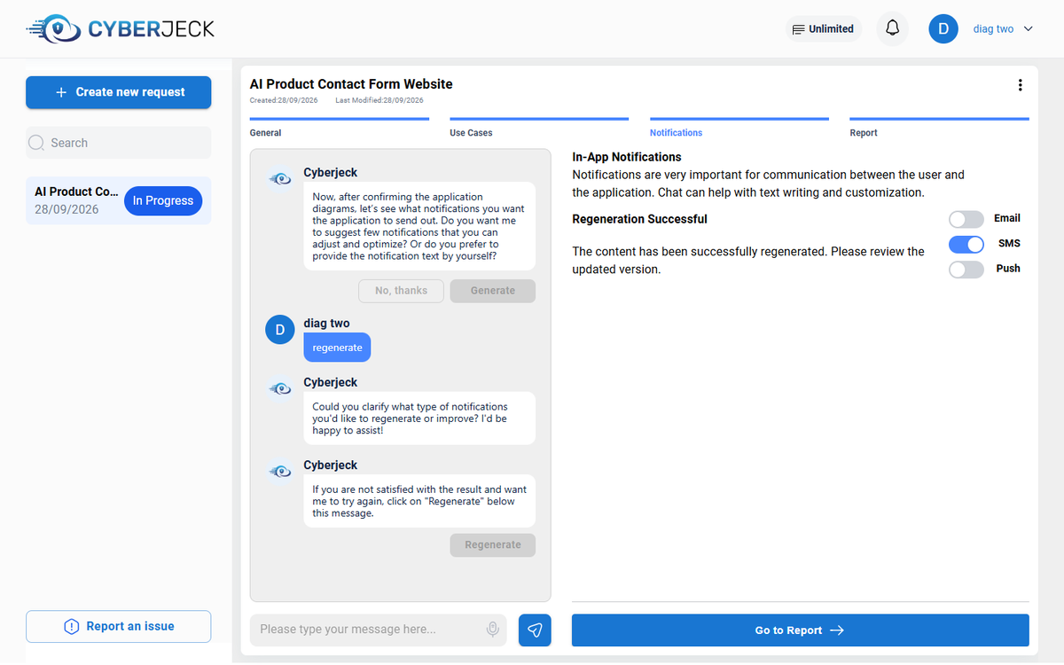 System notifications designed by Cyberjeck with e-mail, SMS and push channels