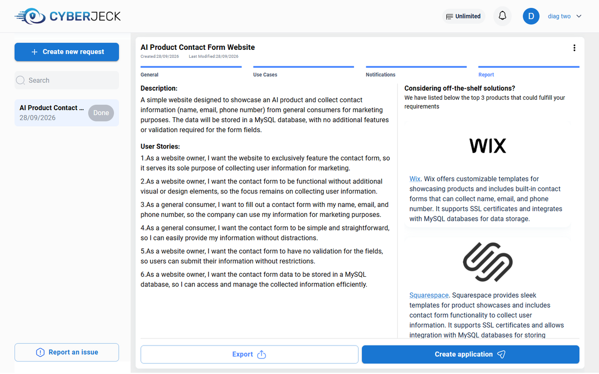 Cyberjeck request view with the AI-generated description, user stories and a vendor comparison
