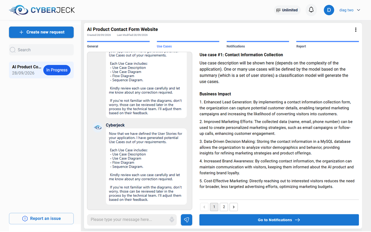 Cyberjeck use case generated from the requirements: description, business impact and roles, with the assistant conversation